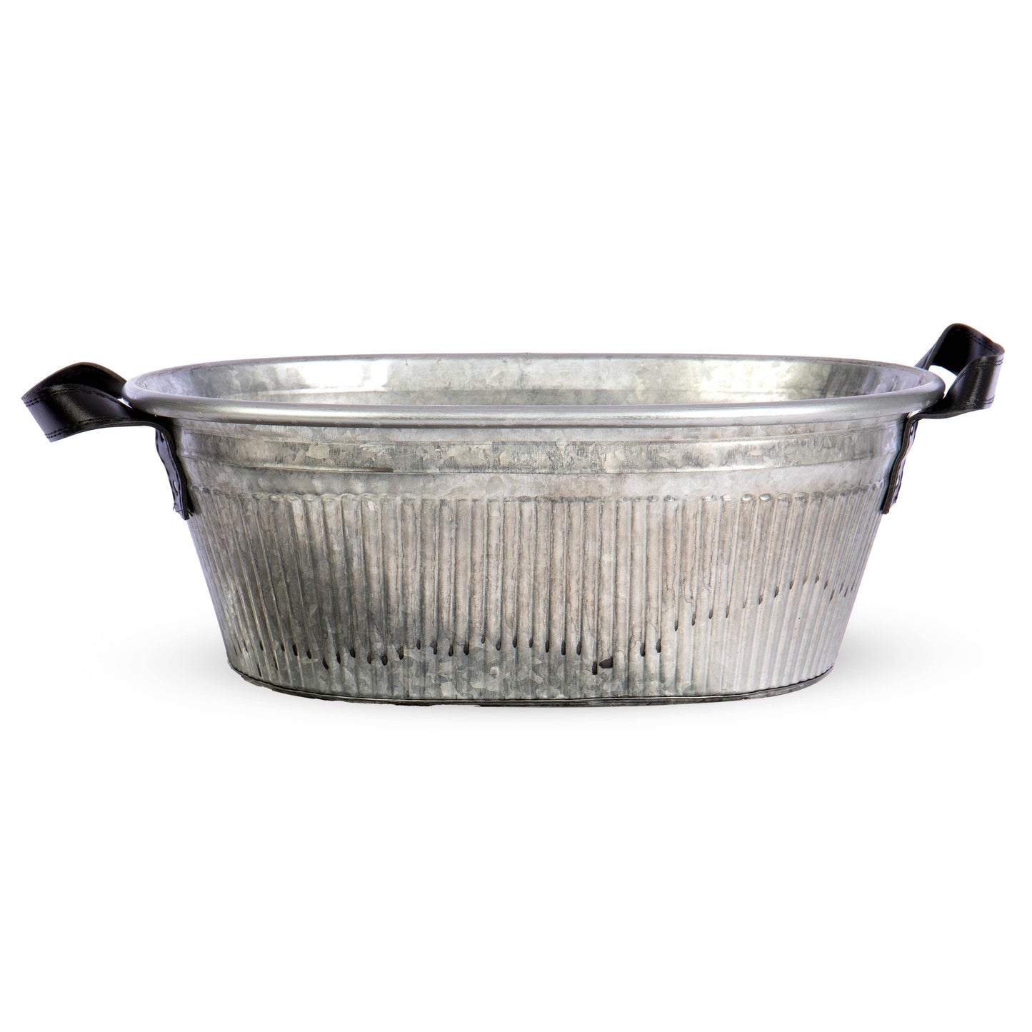 Oval Tin Tub w/Faux Leather Side Handles