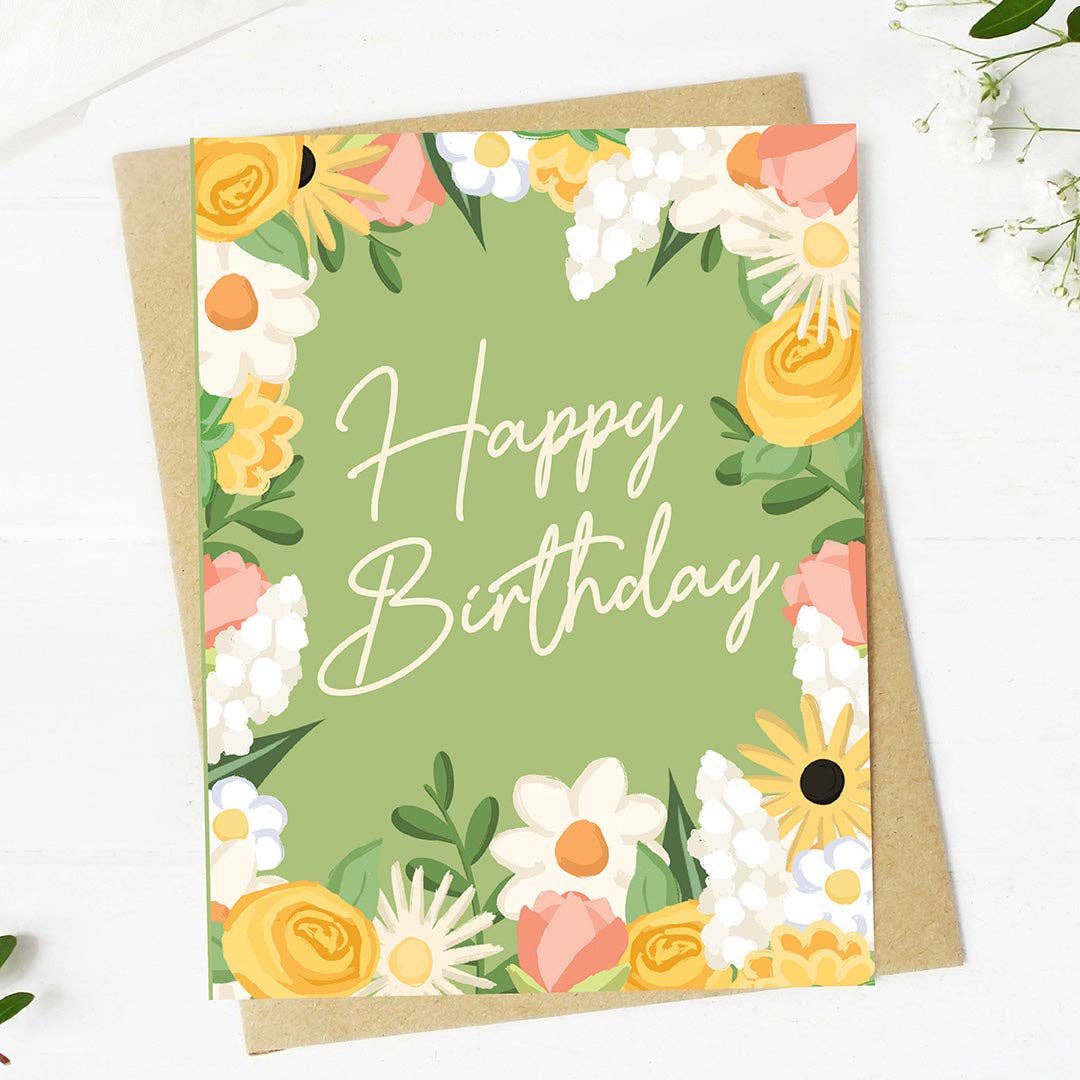 Happy Birthday Cursive Text Floral Frame Birthday Card